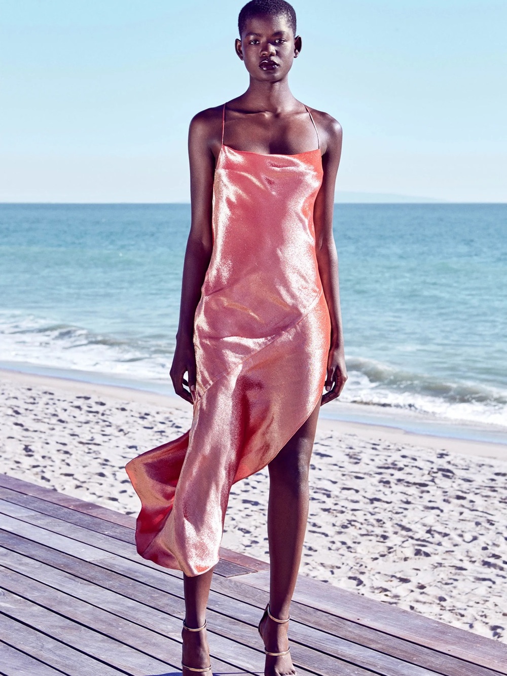 Haney Slip Satin Midi Dress in Shimmering Pink